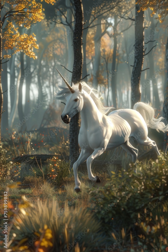 A 3D unicorn galloping through a 3D forest. A 3D unicorn galloping through a 3D forest.