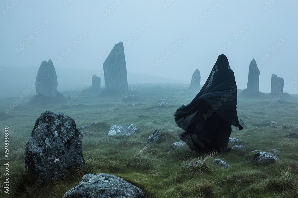 A banshee from Irish folklore, her wailing heard across the misty moors, foretelling doom near ancient stone circles - obrazy, fototapety, plakaty 