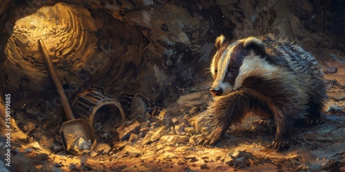 A badger as a miner, digging through underground tunnels in search of gems