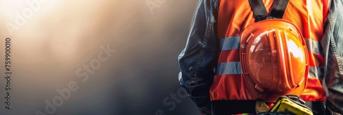 Man in worker uniform standing in front of blurred background. Occupational safety, work, building concept. Wide banner photo for news, advertisement, flyer, social networks, presentation.