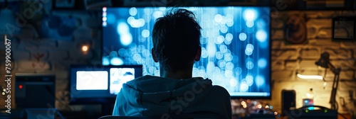 A cyber stalker obsessively monitoring a victim's online activities, using spyware to invade their digital privacy photo