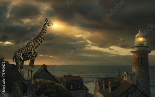 A giraffe as a lighthouse keeper, using its height to shine light over a coastal town photo