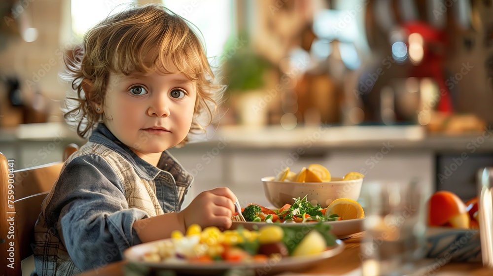 A little boy having a breakfast in a kitchen in the morning