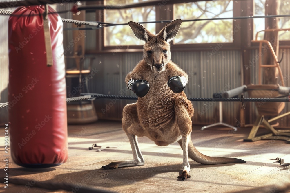 A kangaroo wearing boxing gloves, hopping around a ring, punching a heavy bag in a gym setting - obrazy, fototapety, plakaty 