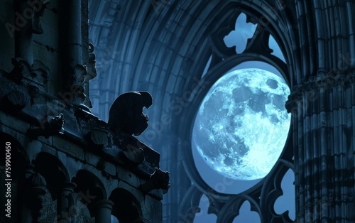 A hunchback creature in the bell tower of Notre Dame, silhouetted against the moon, watching the world from above