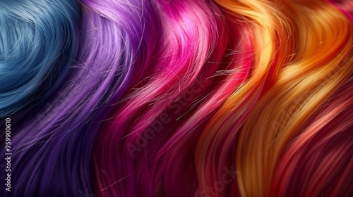 Vibrant cascade of different colored hair strands in artistic array. A vivid journey through rainbow hair inspirations