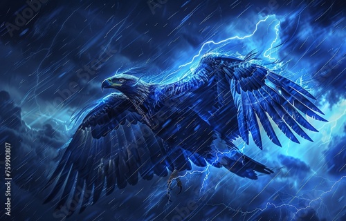 A North American Thunderbird in the stormy skies, its massive wings causing gusts of wind and flashes of lightning