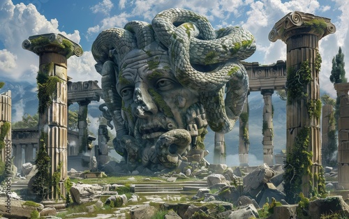 A monstrous Gorgon, her snake-covered head turning intruders to stone in the ruins of an ancient Greek temple photo