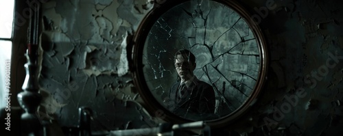 A sinister Jekyll and Hyde, reflected in a cracked mirror, revealing the monstrous transformation in a dimly lit Victorian study