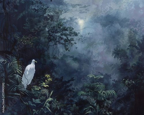 A South American Anhanga, protecting the wildlife, its ghostly figure appearing in the mist of the rainforest at dawn photo