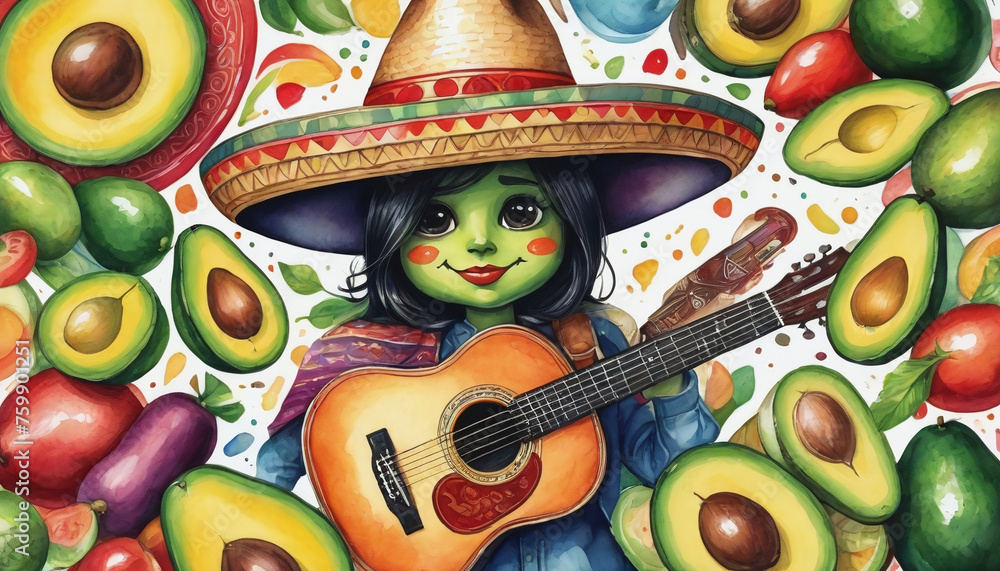 Illustration Of Colorful Cinco De Mayo Collection: Sombrero, Guitar, Avocados