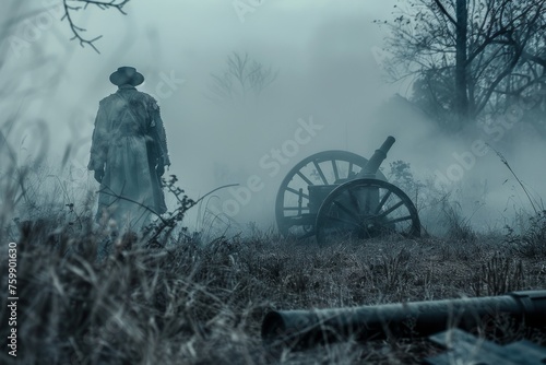An American Civil War ghost in a tattered uniform, wandering through a foggy battlefield, with cannons silent and eerie