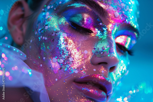 A woman with a face covered in paint and glitter. The woman's face is covered in paint and glitter, giving her a unique and artistic appearance. The makeup is bold and colorful, with a mix of blue