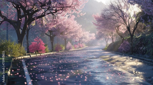 Blooming cherry blossoms along a road