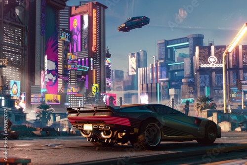 Cyberpunk cityscape at twilight with neon billboards and flying cars  sleek and futuristic
