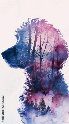 Double Exposure: Poodle Silhouette and Nature Park Watercolor Art Gen AI photo