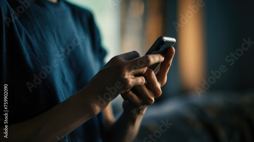 Person's hands are shown using a smartphone, with the focus on the hands and the phone