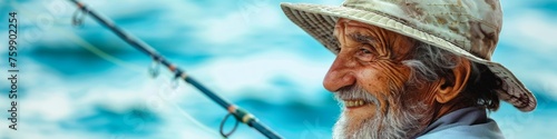 Elderly white fisherman smiling at the sea, his face weathered but serene, holding a fishing rod