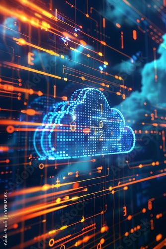 Futuristic cloud computing graphic  binary backdrop  tech innovation