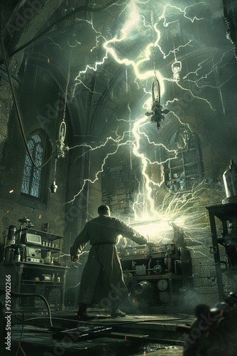 Frankenstein's monster in a lightning storm, lurching to life in a gothic laboratory, with sparks flying and equipment buzzing