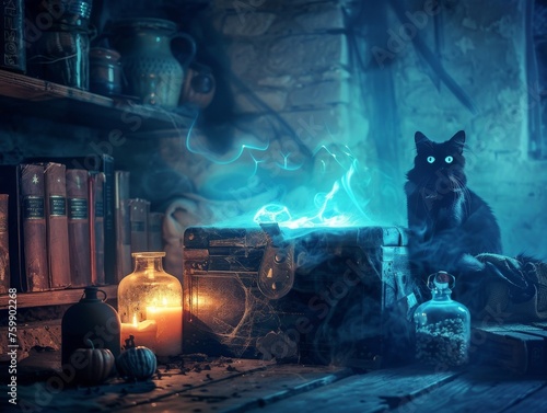 Enchanted Halloween gift box, glowing in a dark room, surrounded by potions, books of spells, and a black cat, mysterious aura