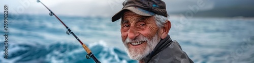 Elderly white fisherman smiling at the sea, his face weathered but serene, holding a fishing rod