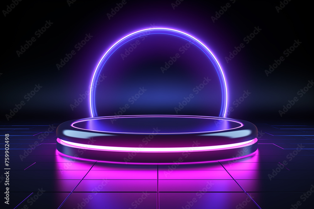 Futuristic circular podium with blue neon light on dark background Futuristic circular podium with blue neon light on dark background