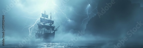 Jolly Roger ship emerging from dense fog, ghostly crew silhouetted against lightning-filled sky, ominous ocean waves