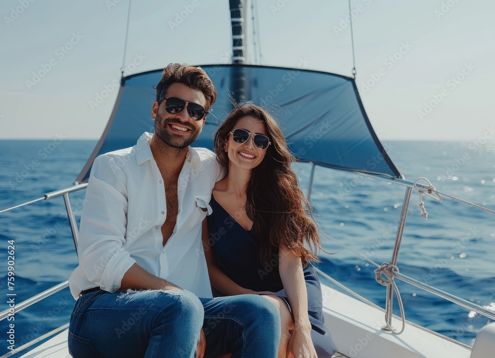 a couple sitting on the yacht and enjoying a romantic time against in waving ocean beautiful sea background