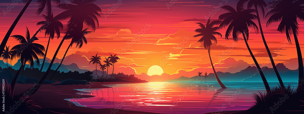 Tropical Sunset with Palm Silhouettes