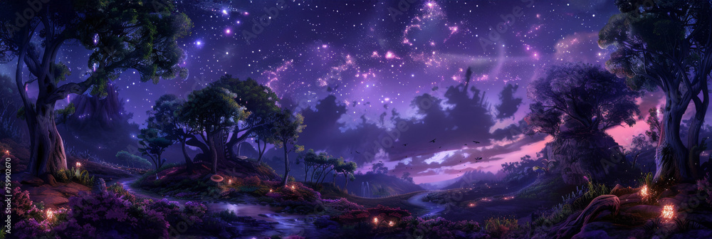 Fototapeta premium Nighttime in Eden Park, under a sky of swirling galaxies, with pathways lit by glowing stones and fairies flitting between trees