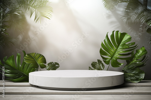 Contemporary circular White Podium Stage with Tropical Leaves Background