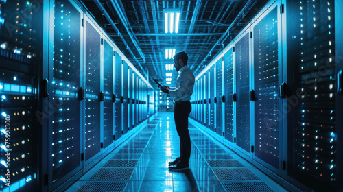 Man is standing in a data center with rows of server racks, holding a tablet and presumably managing or monitoring the network infrastructure.