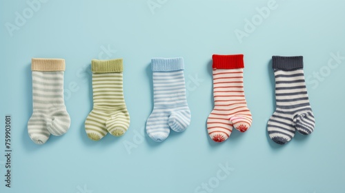 A row of tiny baby socks in various patterns and colors, creating an endearing visual on a light blue surface.