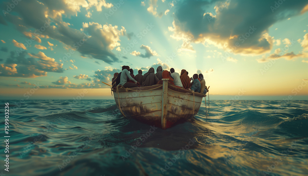 Abandoned old wooden boat vessel overloaded with African refugees people floating and needed for help in open sea before sunset. SOS, war refugees and social and mental poverty issues concept image. - obrazy, fototapety, plakaty 
