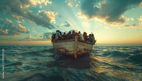 Abandoned old wooden boat vessel overloaded with African refugees people floating and needed for help in open sea before sunset. SOS, war refugees and social and mental poverty issues concept image.