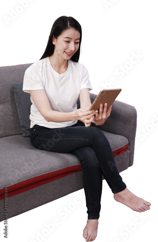 Asian businesswoman in white shirt is talking and online video calling with tablet on sofa at home. Communication and technology concept