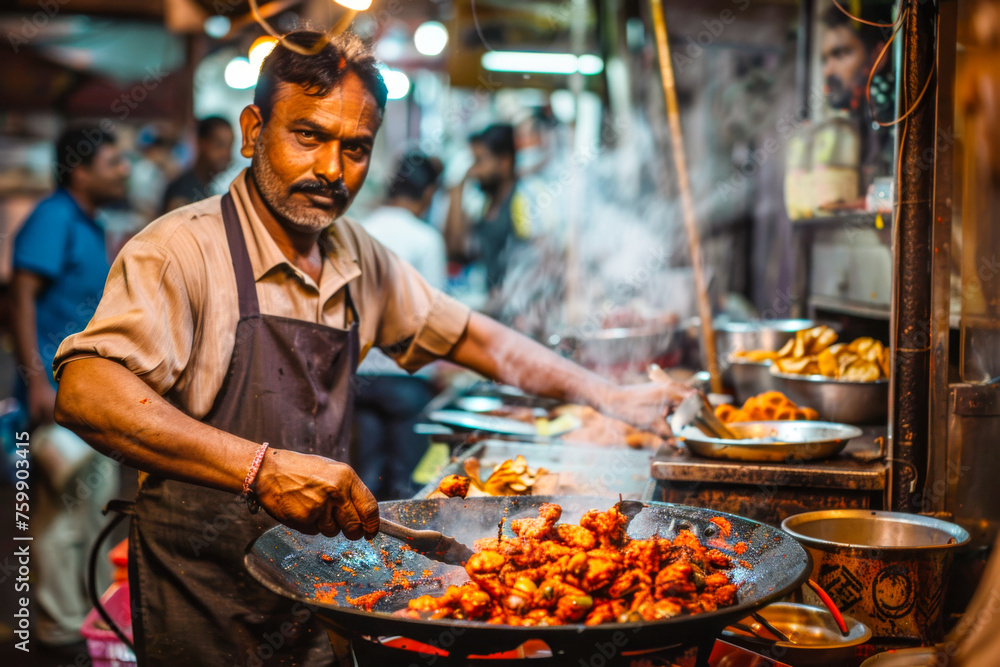 View of unknown Nepali people cooking at Thamel street in Kathmandu in the morning
