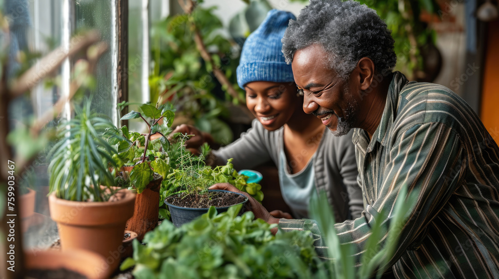 Elderly man and a young woman are gardening together, smiling as they tend to potted plants in a greenhouse. Elderly man and a young woman are gardening together, smiling as they tend to potted plants in a greenhouse.