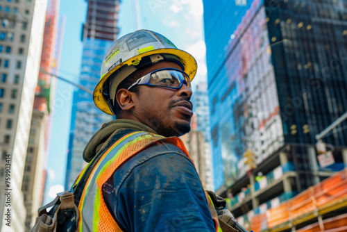 Portrait of a construction worker with helmet and safety glasses in New York City
