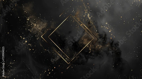 Luxury gold and black premium vip card background. A golden square frame on black background, with gold ink splashes inside the diamond shape of the frame