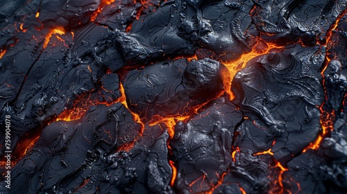 Close-up of cooling lava with glowing red cracks  representing nature s raw power and geothermal energy.