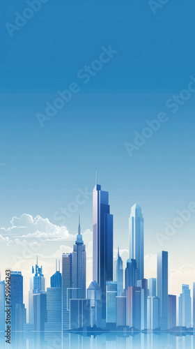 A serene skyline of towering skyscrapers against a pristine blue sky  graphic design