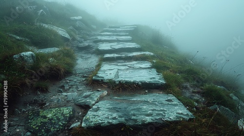 A mountain trail made of stone slabs disappears into the dense fog, surrounded by wet grass and a sense of quiet solitude. © Rattanathip