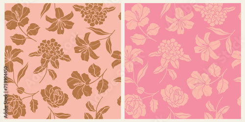 Flat vector hibiscus, tiger lily, rhododendron, rose seamless pattern