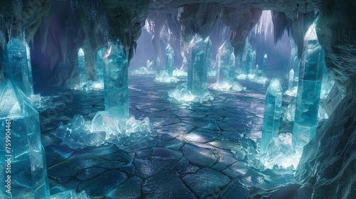 A majestic icy cavern, aglow with the soft blue light of towering crystal geodes, casts a magical spell on the cracked stone floor beneath.