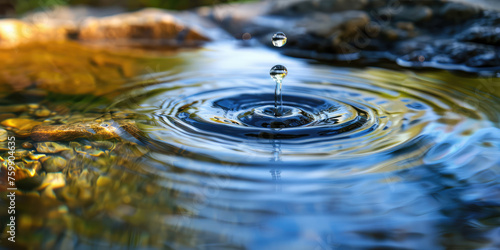 Natural water source, well. Close-up Water gently flowing from a natural stone fountain into a serene pond, copy space.