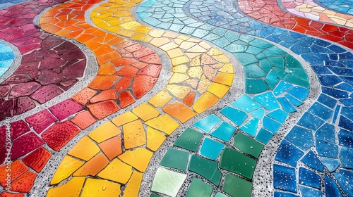 An intricate mosaic pathway glistens with raindrops, displaying a beautiful spectrum of rainbow colors in an urban setting.