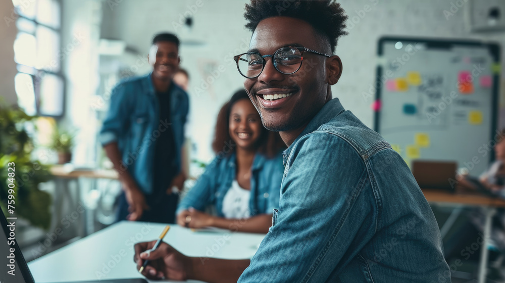 Obraz premium Young man with glasses in the foreground, smiling towards the camera, with coworkers in the background, in a meeting at office