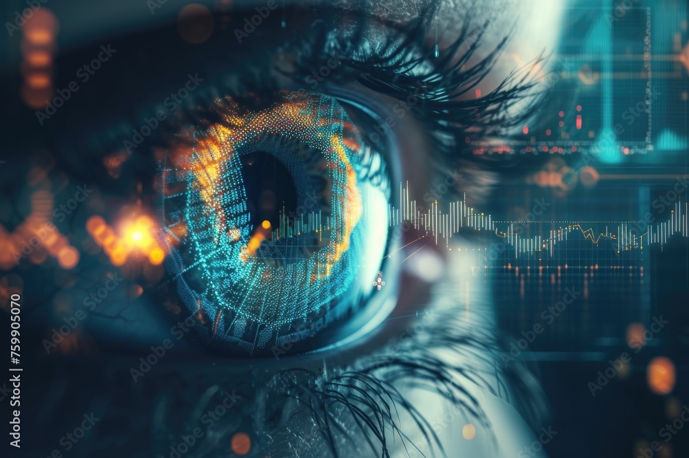 Human eye with integrated technology interface. Human eye with integrated technology interface.